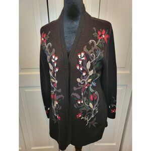 Black Floral Open Cardigan Pleated Embroidered L Whimsygoth Cottage Fairy Boho